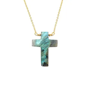 Natural Labradorite Gemstone Faceted Cross Necklace, Gift for Her, Birthday, Gemstone Jewelry 18 inch, Gifts For Her Anniversary (gold-plated-base)