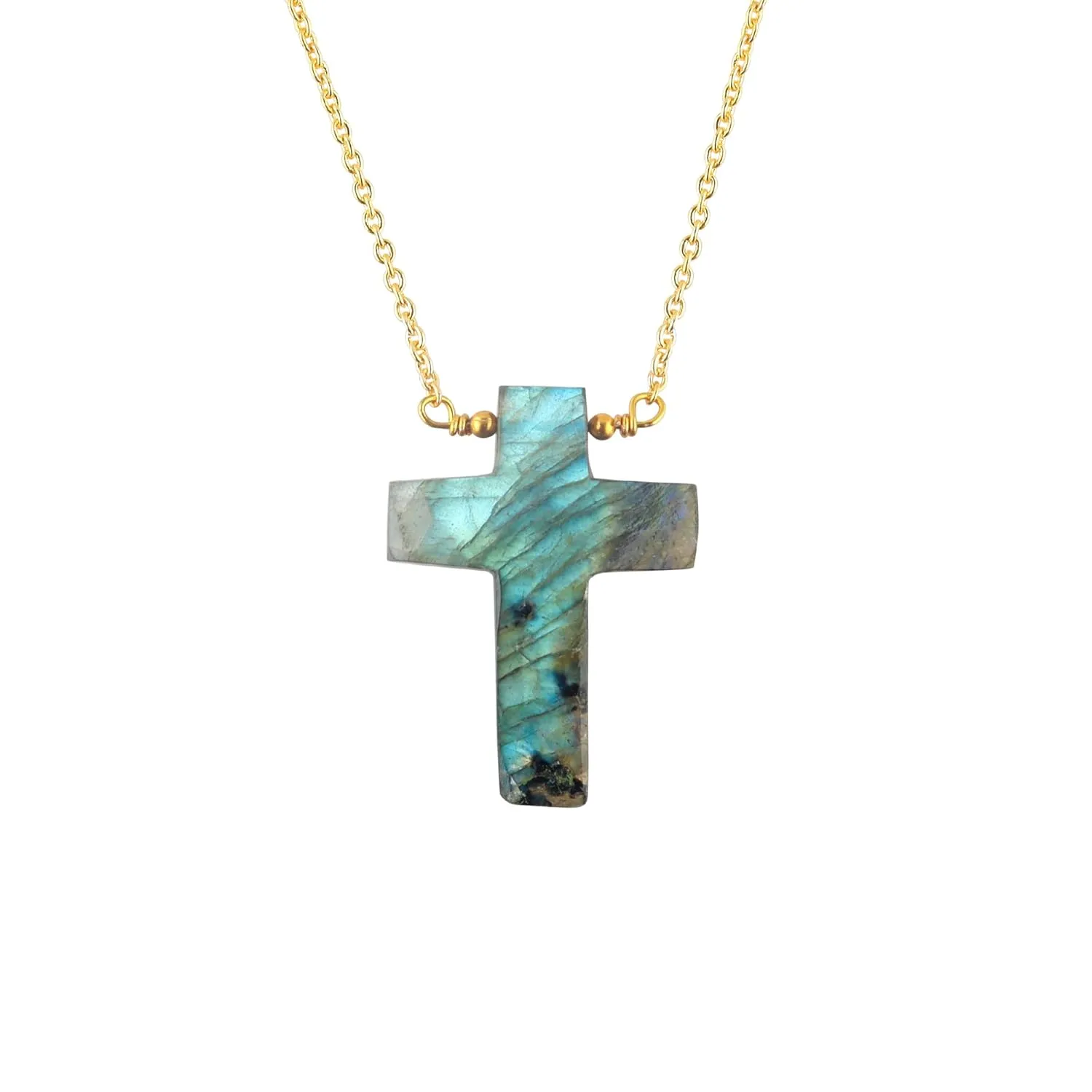 Natural Labradorite Gemstone Faceted Cross Necklace, Gift for Her, Birthday, Gemstone Jewelry 18 inch, Gifts For Her Anniversary (gold-plated-base)