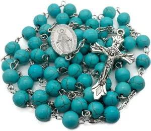 Nazareth Store Sky Blue Turquoise Stone Beads Rosary Prayer Necklace Catholic Miraculous Medal & Jesus Cross