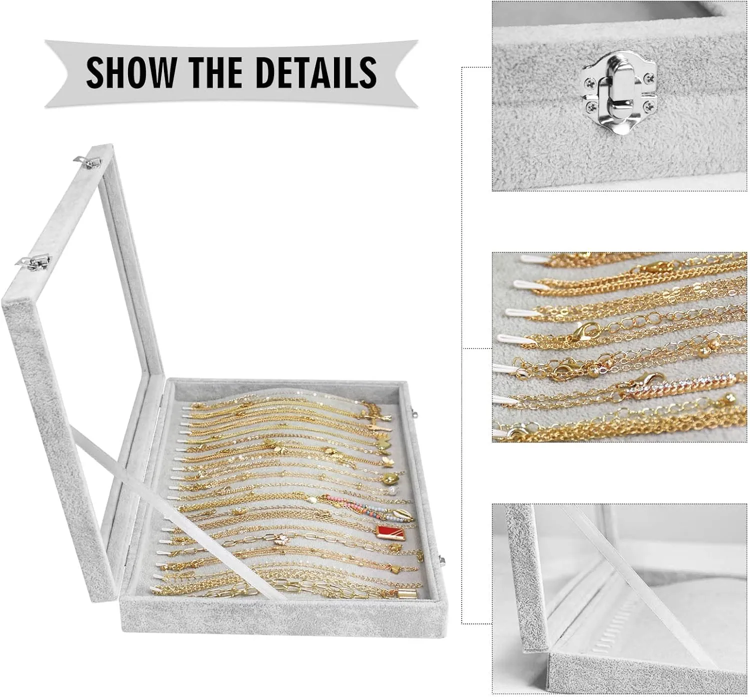 Necklace Organizer Box Premium 20 Hooks Necklace Display Jewelry Tray with Transparent Lid Jewelry Necklace Display Box for Necklace Pendants Suitable for Women and Girls (Grey)