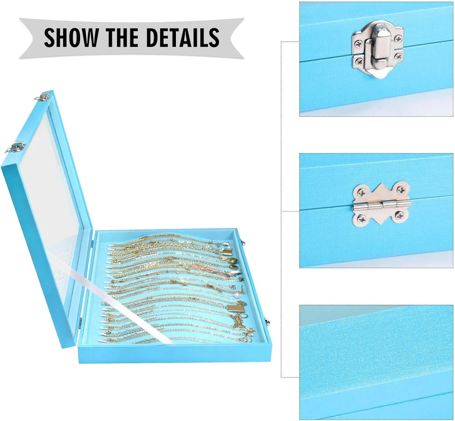 Necklace Organizer Box Premium 20 Hooks Necklace Display Jewelry Tray with Transparent Lid Jewelry Necklace Display Box for Necklace Pendants Suitable for Women and Girls (Sky Blue)