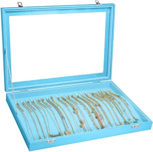 Necklace Organizer Box Premium 20 Hooks Necklace Display Jewelry Tray with Transparent Lid Jewelry Necklace Display Box for Necklace Pendants Suitable for Women and Girls (Sky Blue)