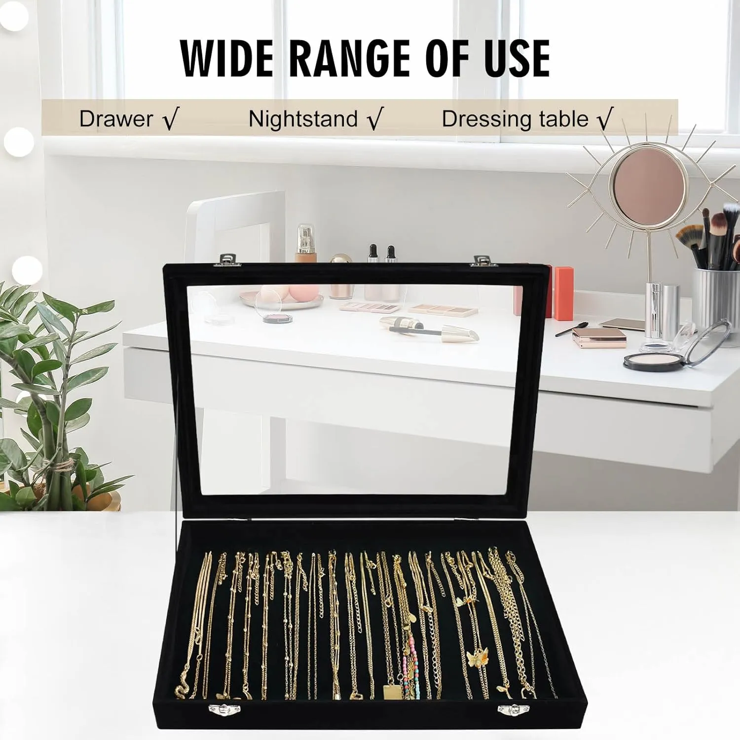 Necklace Organizer Box Premium 20 Hooks Velvet Necklace Display Jewelry Tray with Transparent Lid Jewelry Necklace Display Box for Necklace Pendants Suitable for Women and Girls (Black)