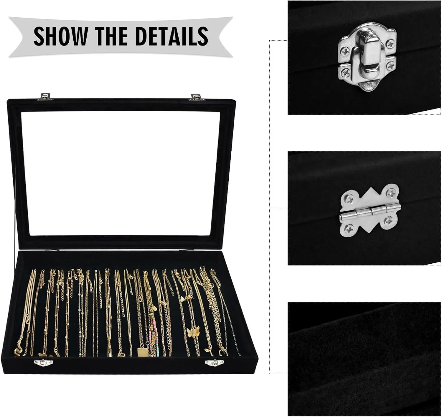 Necklace Organizer Box Premium 20 Hooks Velvet Necklace Display Jewelry Tray with Transparent Lid Jewelry Necklace Display Box for Necklace Pendants Suitable for Women and Girls (Black)