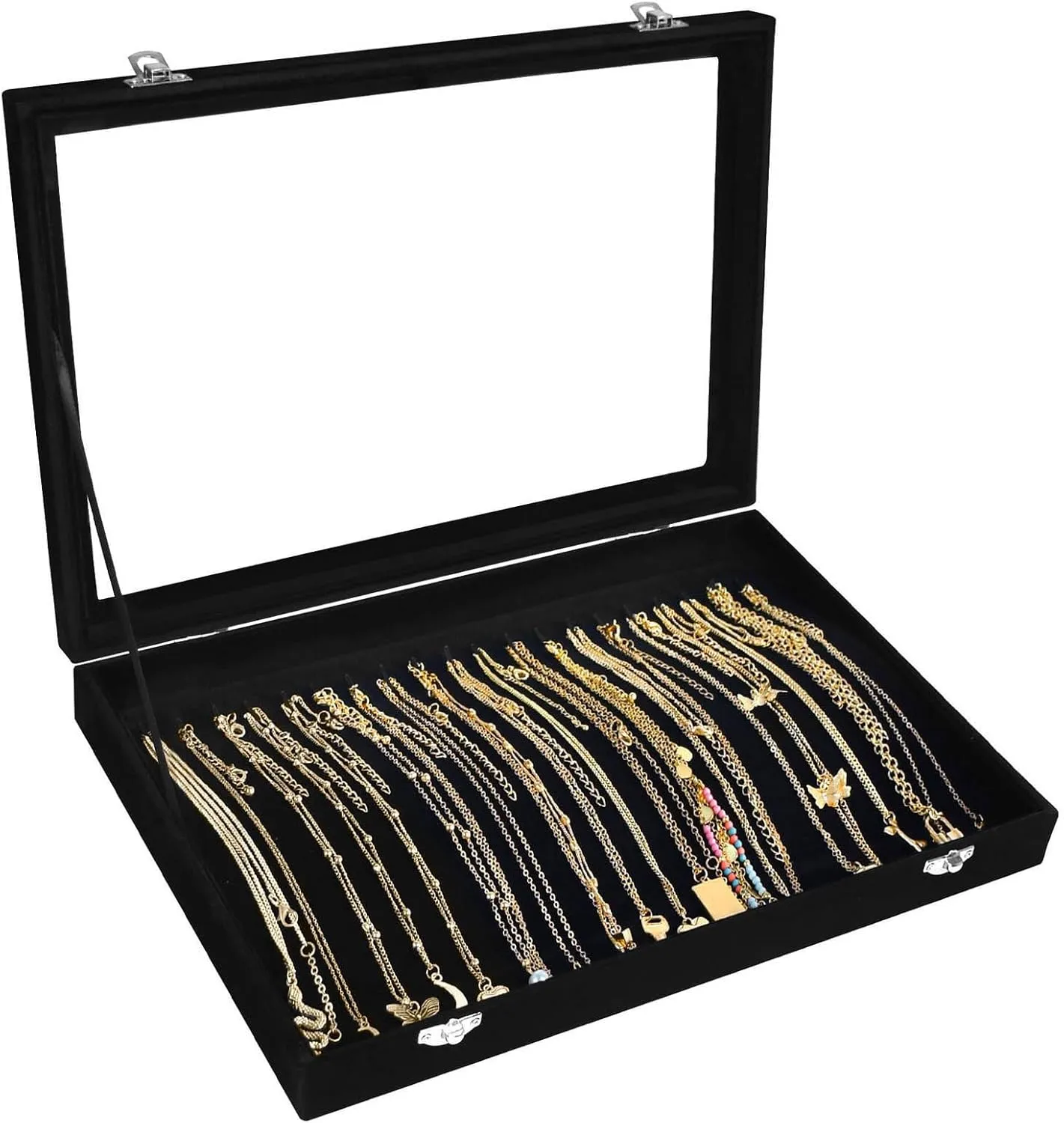 Necklace Organizer Box Premium 20 Hooks Velvet Necklace Display Jewelry Tray with Transparent Lid Jewelry Necklace Display Box for Necklace Pendants Suitable for Women and Girls (Black)