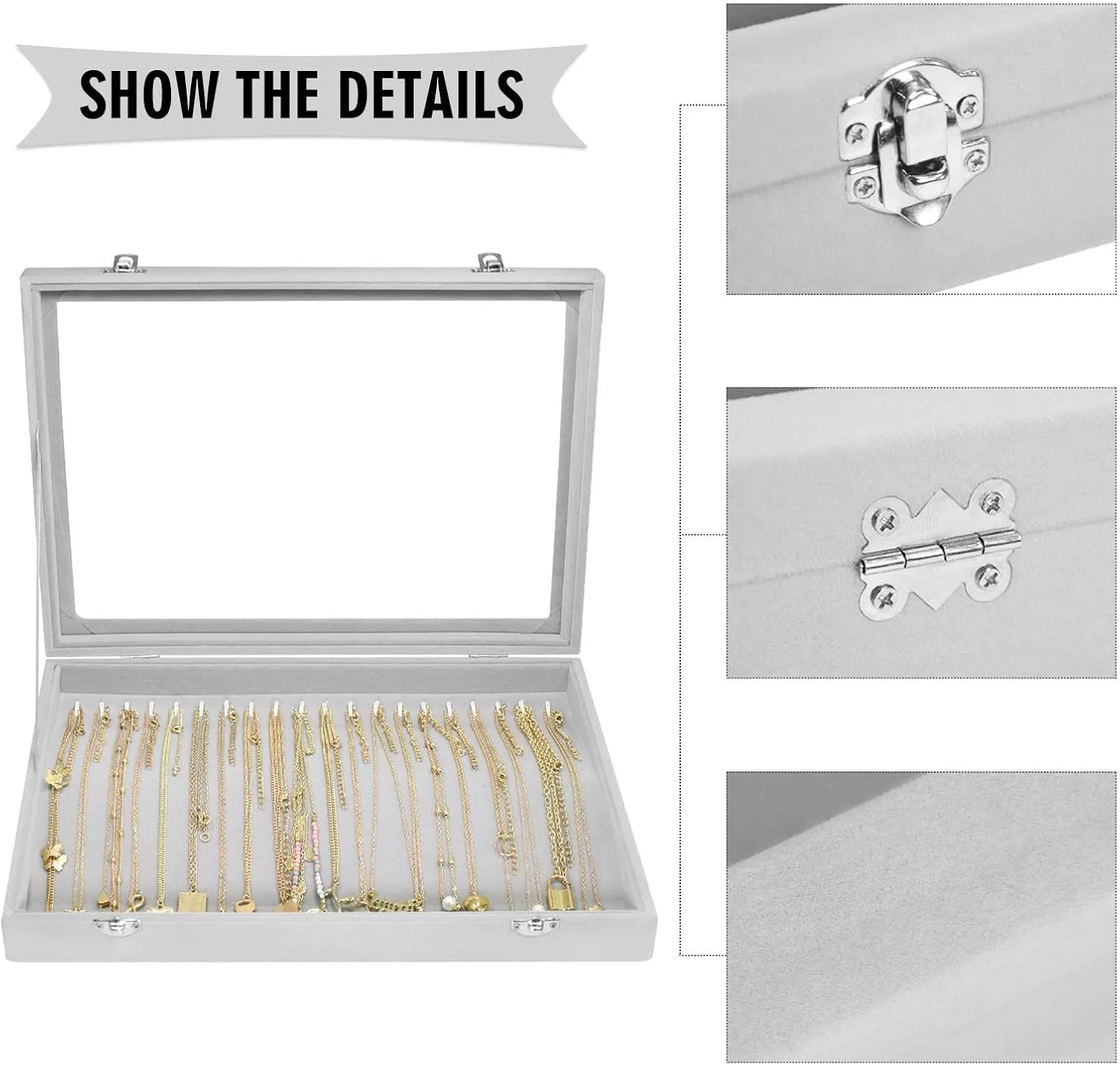 Necklace Organizer Box Premium 20 Hooks Velvet Necklace Display Jewelry Tray with Transparent Lid Jewelry Necklace Display Box for Necklace Pendants Suitable for Women and Girls (Grey)