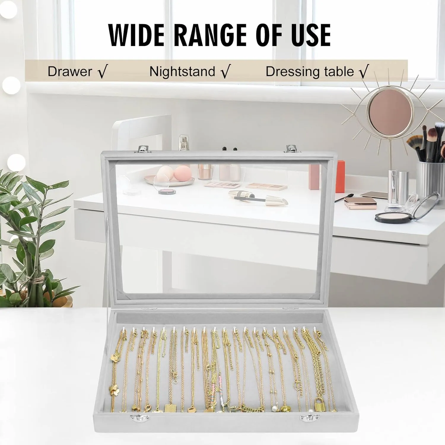 Necklace Organizer Box Premium 20 Hooks Velvet Necklace Display Jewelry Tray with Transparent Lid Jewelry Necklace Display Box for Necklace Pendants Suitable for Women and Girls (Grey)