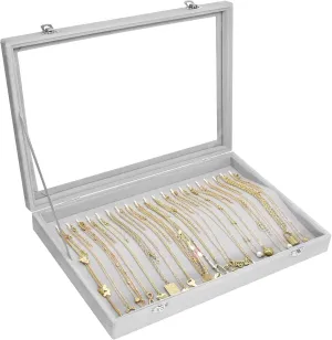Necklace Organizer Box Premium 20 Hooks Velvet Necklace Display Jewelry Tray with Transparent Lid Jewelry Necklace Display Box for Necklace Pendants Suitable for Women and Girls (Grey)
