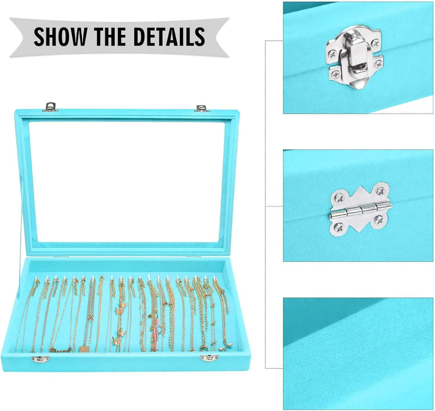 Necklace Organizer Box Premium 20 Hooks Velvet Necklace Display Jewelry Tray with Transparent Lid Jewelry Necklace Display Box for Necklace Pendants Suitable for Women and Girls (Light Blue)