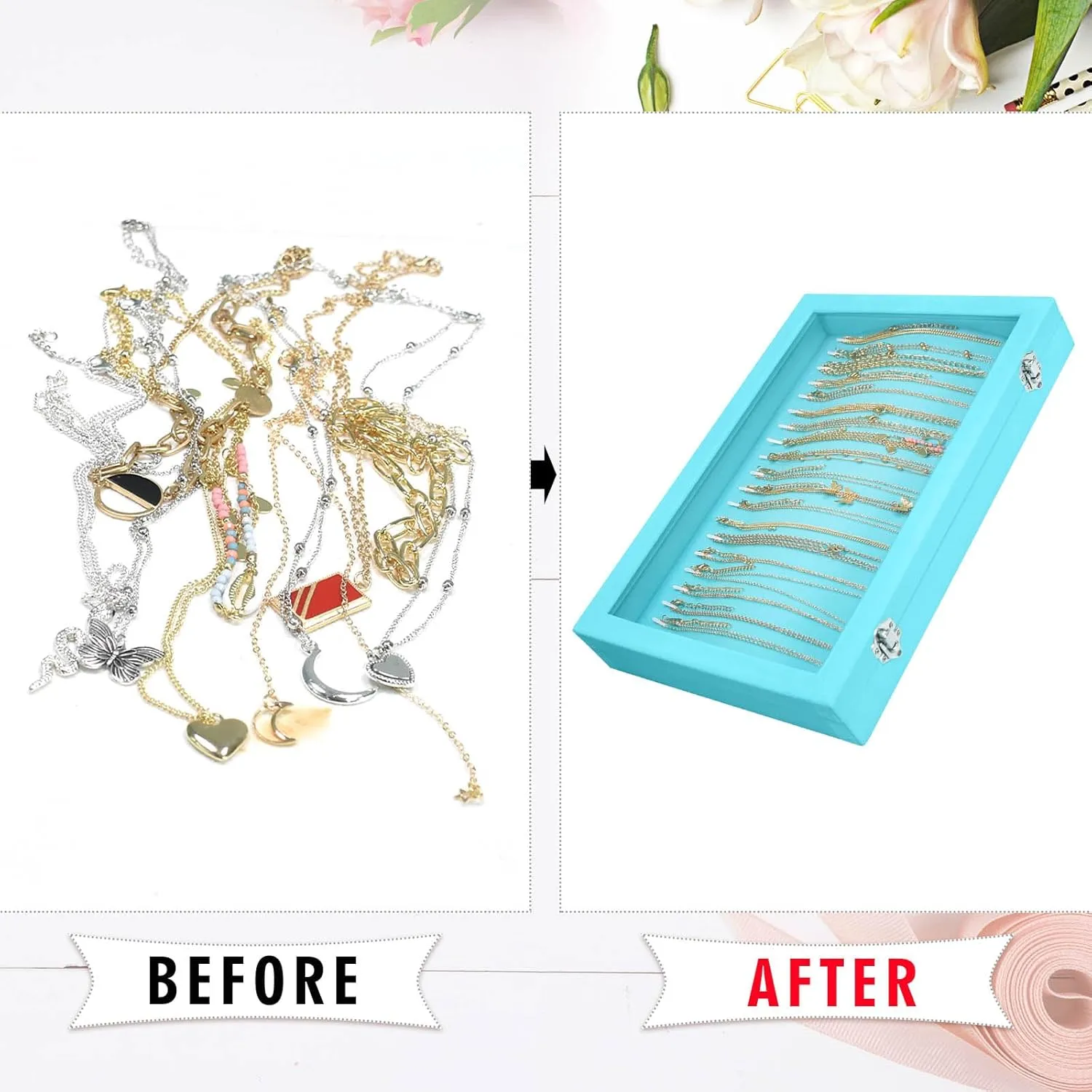 Necklace Organizer Box Premium 20 Hooks Velvet Necklace Display Jewelry Tray with Transparent Lid Jewelry Necklace Display Box for Necklace Pendants Suitable for Women and Girls (Light Blue)