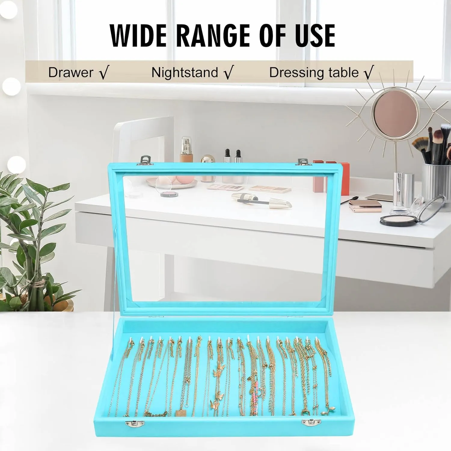Necklace Organizer Box Premium 20 Hooks Velvet Necklace Display Jewelry Tray with Transparent Lid Jewelry Necklace Display Box for Necklace Pendants Suitable for Women and Girls (Light Blue)