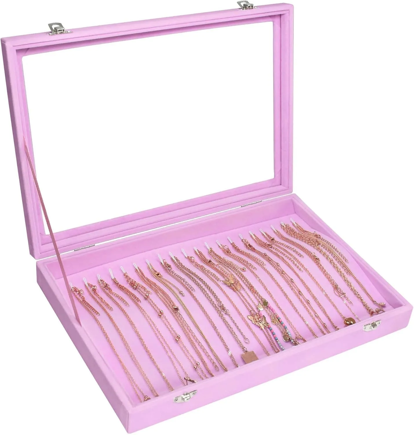 Necklace Organizer Box Premium 20 Hooks Velvet Necklace Display Jewelry Tray with Transparent Lid Jewelry Necklace Display Box for Necklace Pendants Suitable for Women and Girls (Pink)