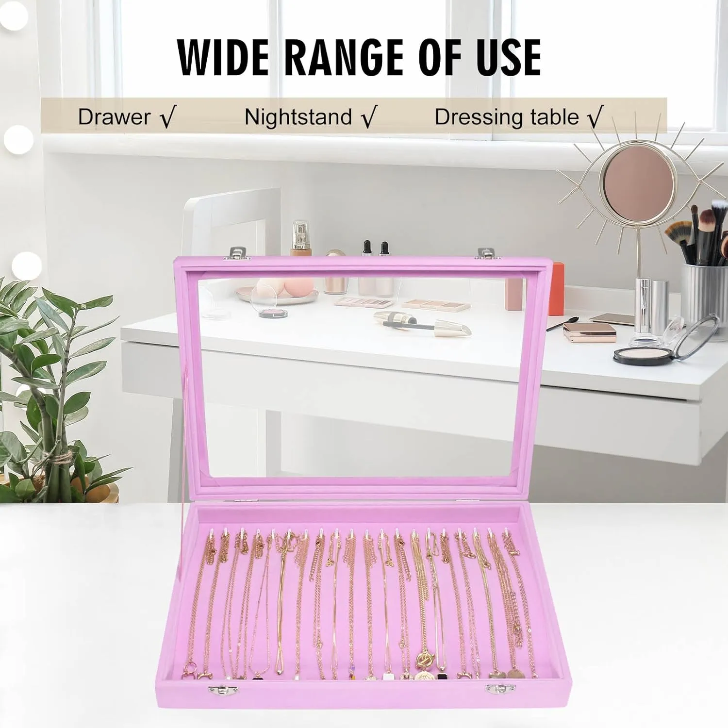Necklace Organizer Box Premium 20 Hooks Velvet Necklace Display Jewelry Tray with Transparent Lid Jewelry Necklace Display Box for Necklace Pendants Suitable for Women and Girls (Pink)