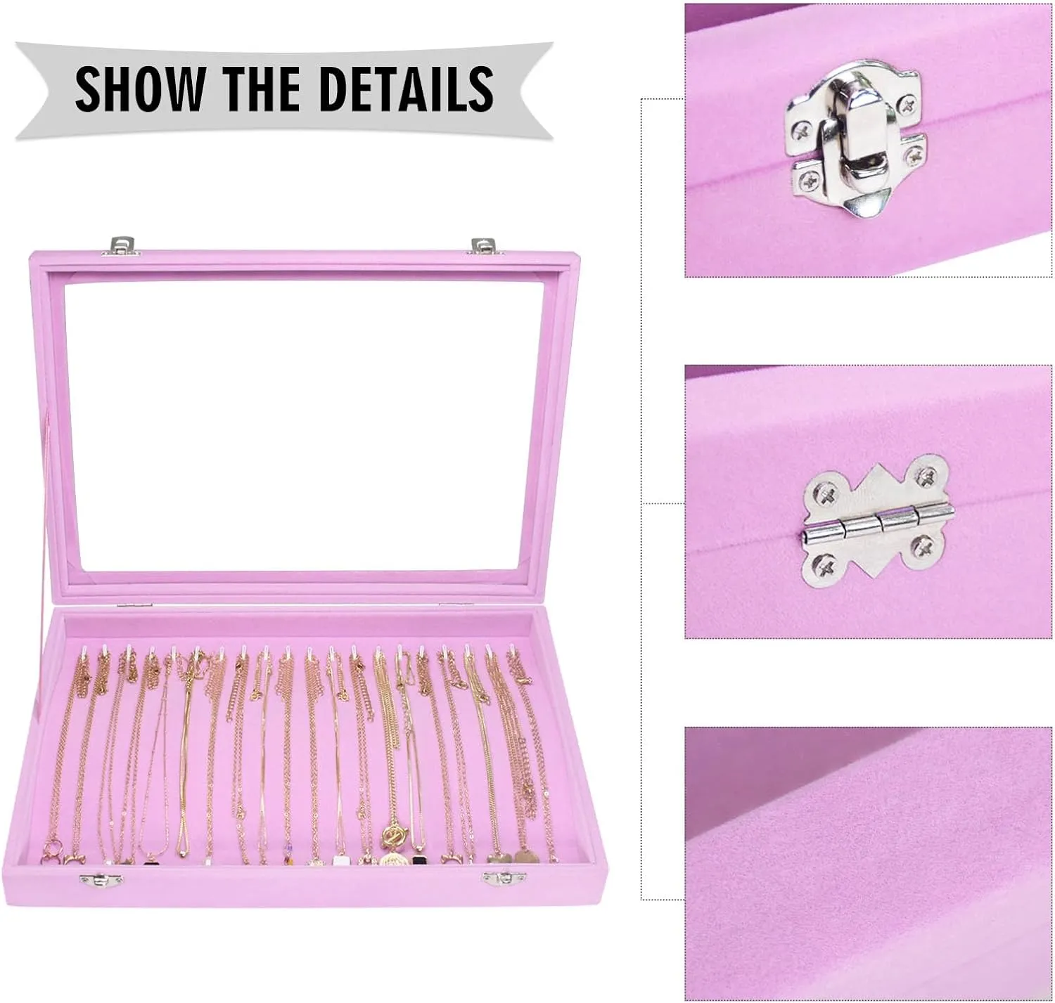 Necklace Organizer Box Premium 20 Hooks Velvet Necklace Display Jewelry Tray with Transparent Lid Jewelry Necklace Display Box for Necklace Pendants Suitable for Women and Girls (Pink)