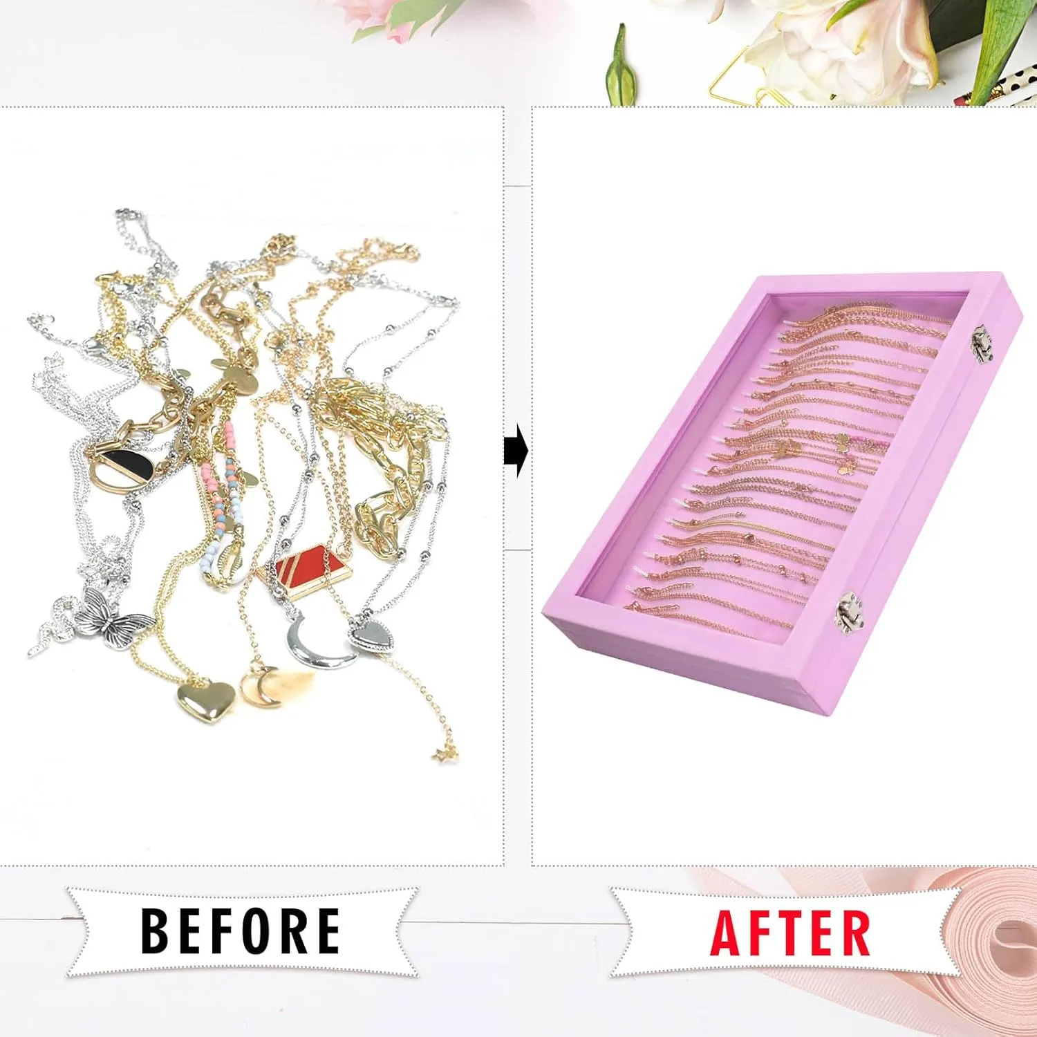 Necklace Organizer Box Premium 20 Hooks Velvet Necklace Display Jewelry Tray with Transparent Lid Jewelry Necklace Display Box for Necklace Pendants Suitable for Women and Girls (Pink)