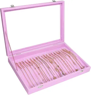 Necklace Organizer Box Premium 20 Hooks Velvet Necklace Display Jewelry Tray with Transparent Lid Jewelry Necklace Display Box for Necklace Pendants Suitable for Women and Girls (Pink)
