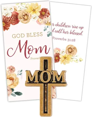 Needzo Gold Tone God Bless Mom Cross-Shaped Lapel Pin with Prayer Card, Womens Cross Pins, Religious Mother's Gifts for Christian Moms, Grandmas, Aunts, and More, 1 Inch