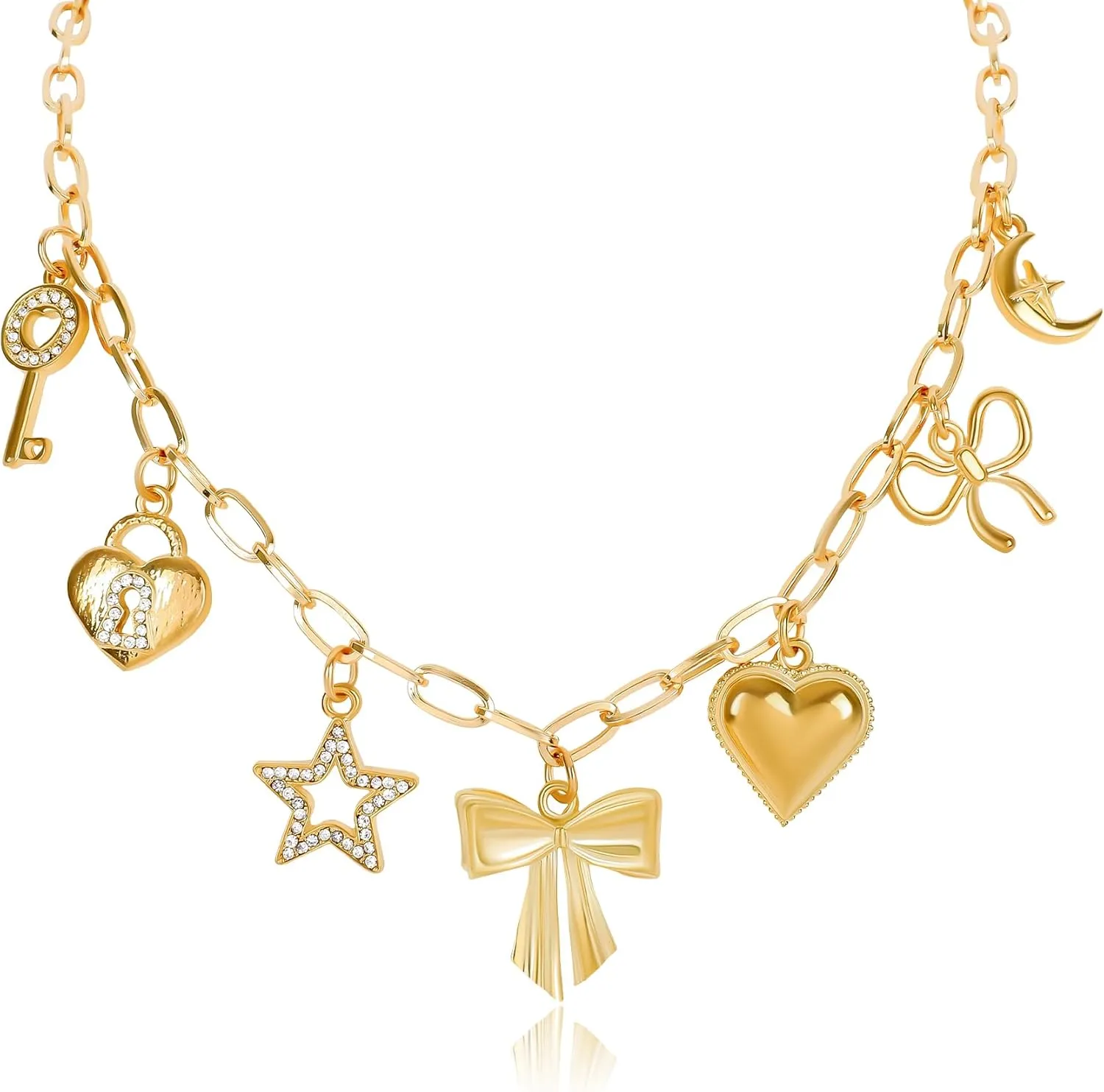 NEKOL Gold Charm Necklace for Women Hawaii Style Chain Necklace with Cute Dangle Coconut Tree Cherry Lemon Mango Strawberry Heart Fruit Bow Pendant Trendy Y2K Summer Beach Jewelry Gift