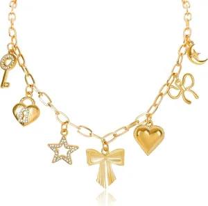 NEKOL Gold Charm Necklace for Women Hawaii Style Chain Necklace with Cute Dangle Coconut Tree Cherry Lemon Mango Strawberry Heart Fruit Bow Pendant Trendy Y2K Summer Beach Jewelry Gift