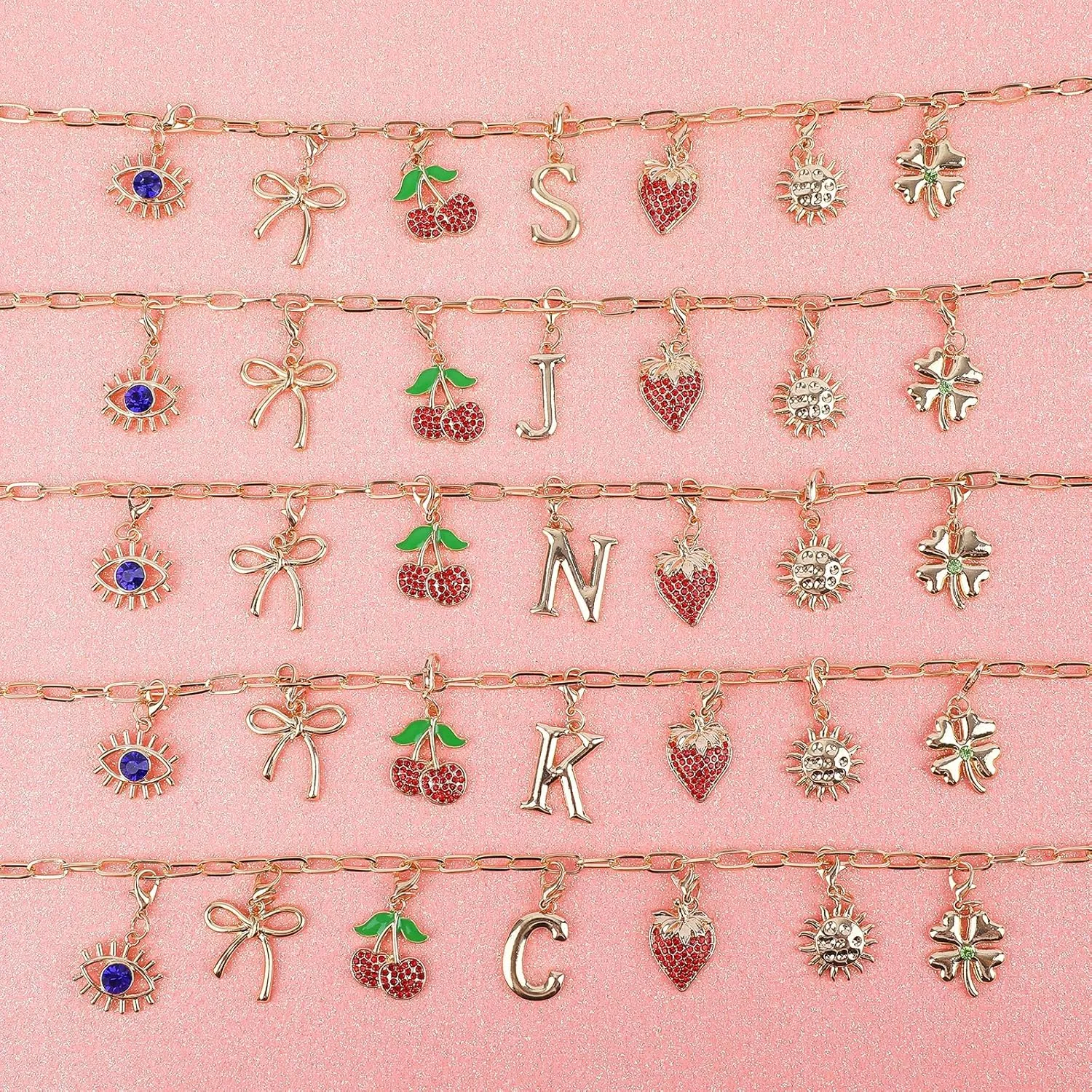 NEKOL Initial Charm Necklace for Women, Evil Eye Four-Leaf Clover Sun Bow Cherry Strawberry Removable Charms Necklace Paper Clip Chain Choker, Trendy Jewelry Birthday Christmas Gifts for Her