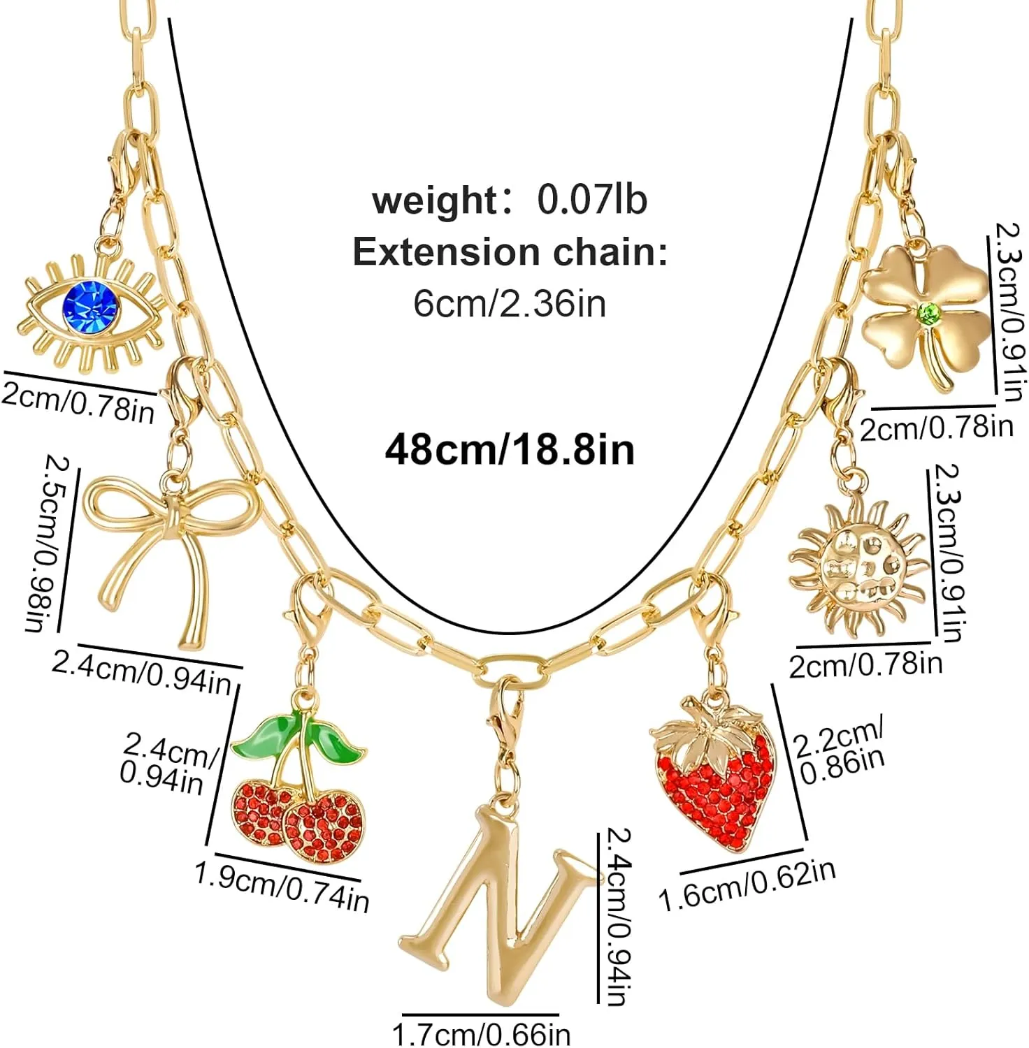 NEKOL Initial Charm Necklace for Women, Evil Eye Four-Leaf Clover Sun Bow Cherry Strawberry Removable Charms Necklace Paper Clip Chain Choker, Trendy Jewelry Birthday Christmas Gifts for Her