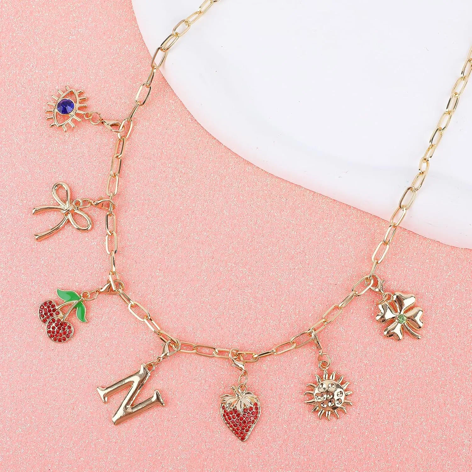 NEKOL Initial Charm Necklace for Women, Evil Eye Four-Leaf Clover Sun Bow Cherry Strawberry Removable Charms Necklace Paper Clip Chain Choker, Trendy Jewelry Birthday Christmas Gifts for Her