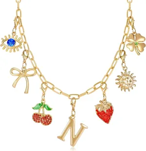 NEKOL Initial Charm Necklace for Women, Evil Eye Four-Leaf Clover Sun Bow Cherry Strawberry Removable Charms Necklace Paper Clip Chain Choker, Trendy Jewelry Birthday Christmas Gifts for Her