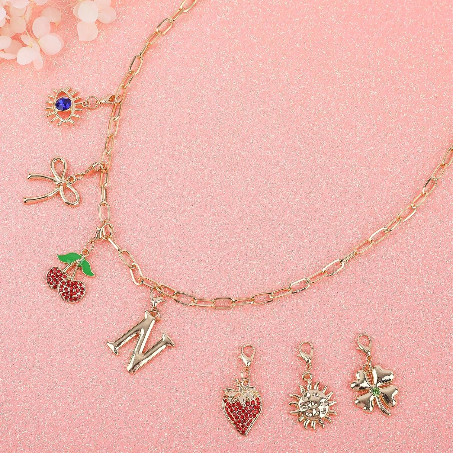 NEKOL Initial Charm Necklace for Women, Evil Eye Four-Leaf Clover Sun Bow Cherry Strawberry Removable Charms Necklace Paper Clip Chain Choker, Trendy Jewelry Birthday Christmas Gifts for Her