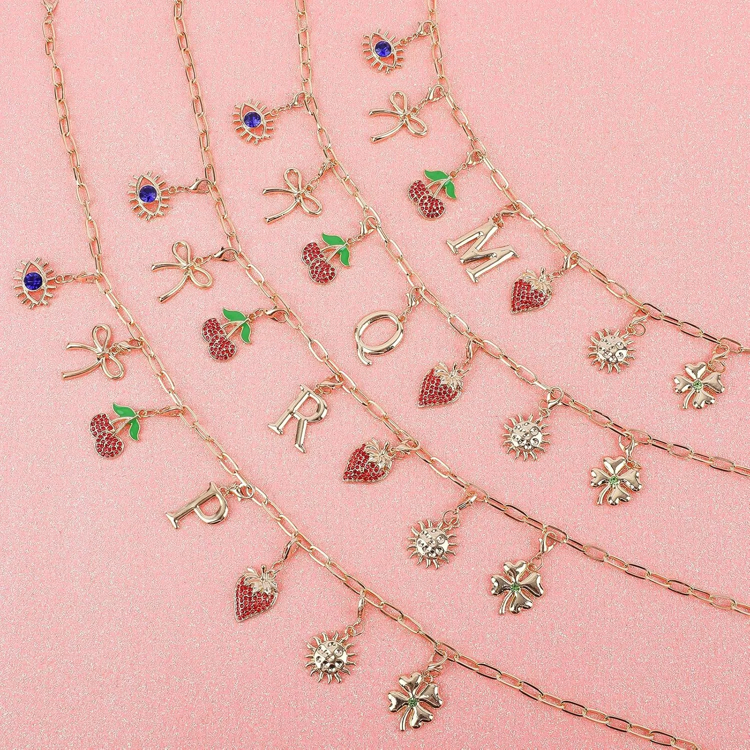 NEKOL Initial Charm Necklace for Women, Evil Eye Four-Leaf Clover Sun Bow Cherry Strawberry Removable Charms Necklace Paper Clip Chain Choker, Trendy Jewelry Birthday Christmas Gifts for Her