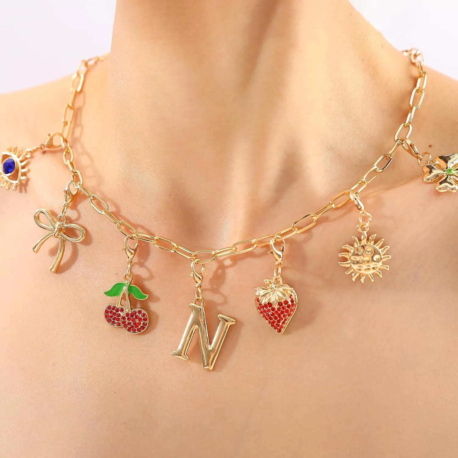 NEKOL Initial Charm Necklace for Women, Evil Eye Four-Leaf Clover Sun Bow Cherry Strawberry Removable Charms Necklace Paper Clip Chain Choker, Trendy Jewelry Birthday Christmas Gifts for Her