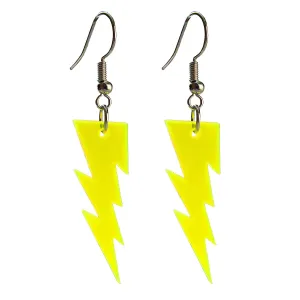 Neon Yellow Bright Acrylic Lightning Bolt Neon Dangle Earrings with Nickel Free Hooks, Glows in Blacklight