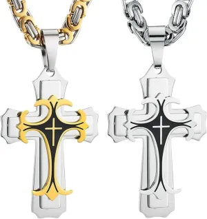 New 2025 Male Trinity Latin Pendants Cross Necklace Multi-Layer Stainless Steel Byzantine Link Chain Necklaces Catholic Religious Jewelry Fashion Accessories Creative Gift, As Pic