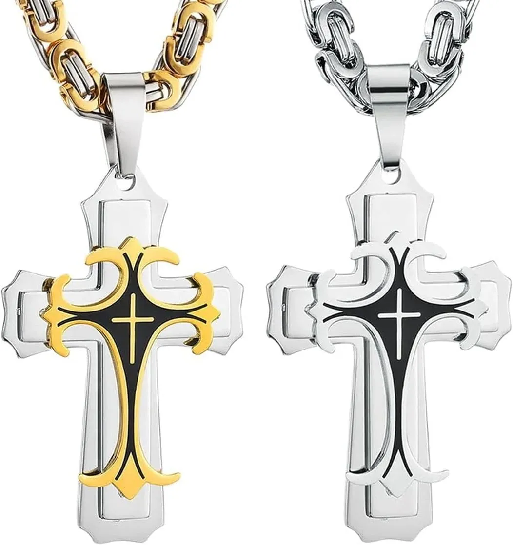 New 2025 Male Trinity Latin Pendants Cross Necklace Multi-Layer Stainless Steel Byzantine Link Chain Necklaces Catholic Religious Jewelry Fashion Accessories Creative Gift, As Pic