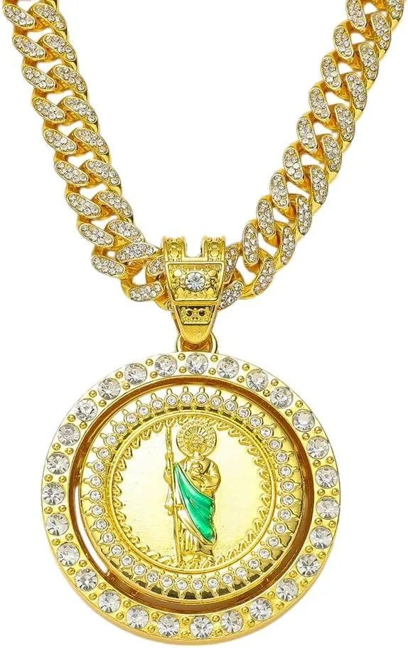 New 2026 Men's Hip Hop Rotatable St. Jude San Judas Pendant Necklace With Cuban Chain Religious Rotation Saint Idol Pendants Decoration Jewelry Luxury Accessories Trendy Best For Gift