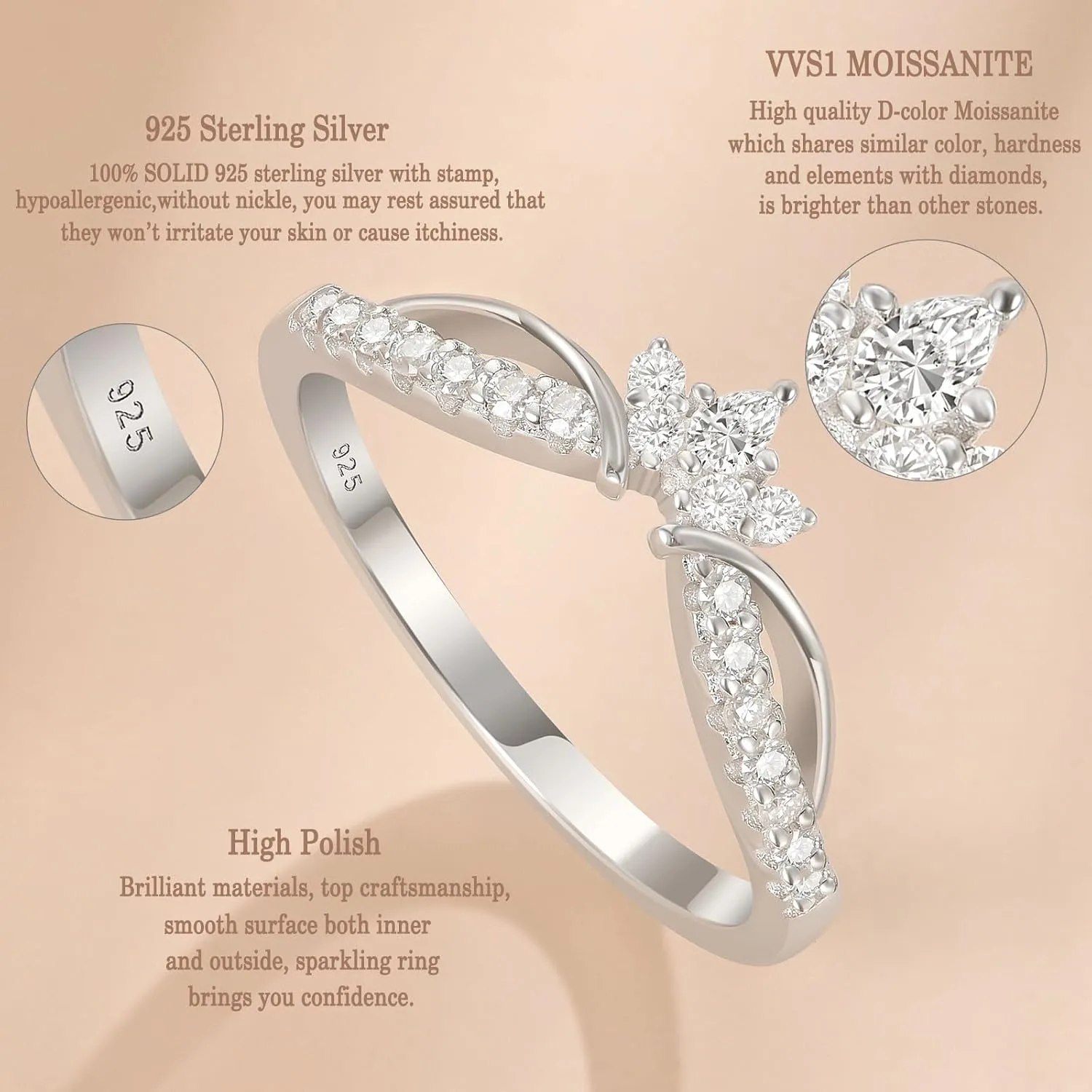 Newshe Jewellery Moissanite Curved Wedding Bands for Her Stacking Eternity Rings 925 Sterling Silver Wishbone Size 5-10
