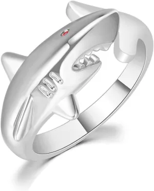 NewZenro Shark Red CZ Eye Open Adjustable Statement Wrap Rings For Women Men Sterling Silver Plated Band Finger Animal Personalized Fashion Punk Ring Jewelry Gifts Daughter Birthday