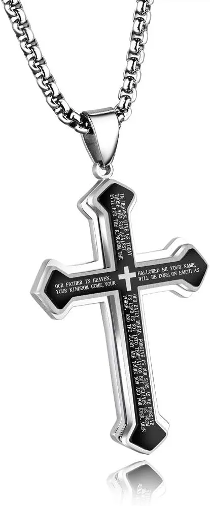 NewZenro Three Layered Cross Necklace for Men with English Bible Verse Crucifix Our Father Lord's Prayer Stainless Steel Black Pendant Religious Christ Faith Fashion Chain Jewelry 23.6"