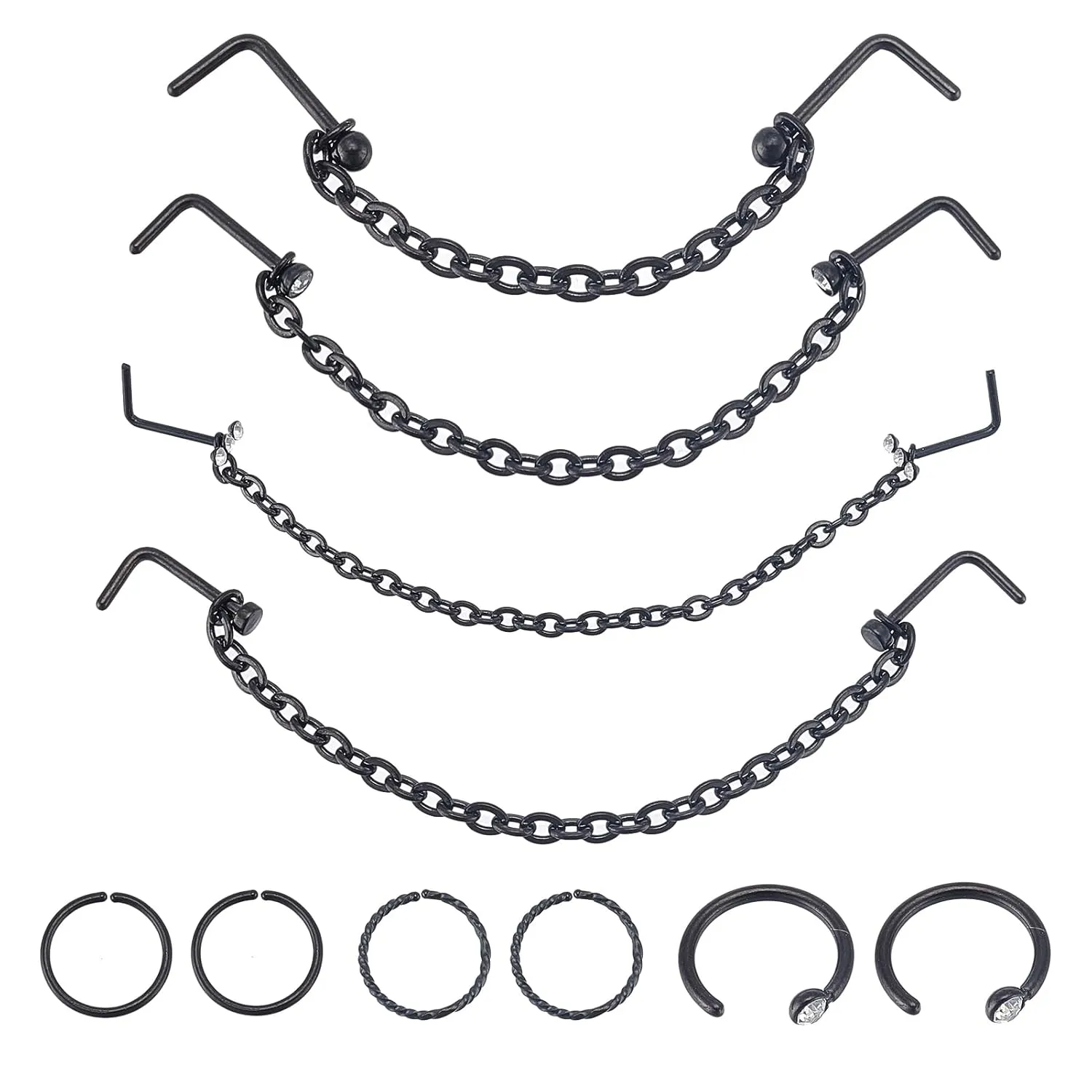 NICENEEDED 10 Pcs Nose Rings Chain, Black Nose Studs Nostril Chain, Nose Piercing Jewelry Nose Ring Stud Across Nose Tassel Chain Nose Jewelry for Women Men