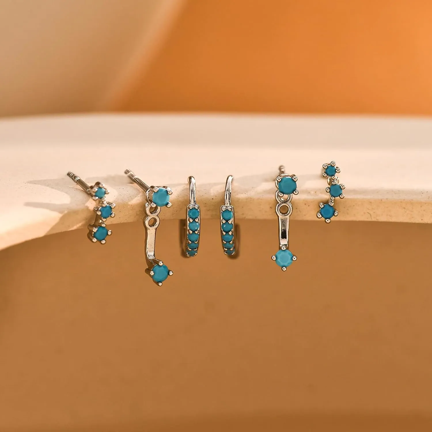 NOKMIT 3 Pairs Mini Hoop Earrings Set Turquoise Cubic Zirconia Huggie Hoop Cartilage Earring Ear Cuff for Women (Turquoise/CZ)