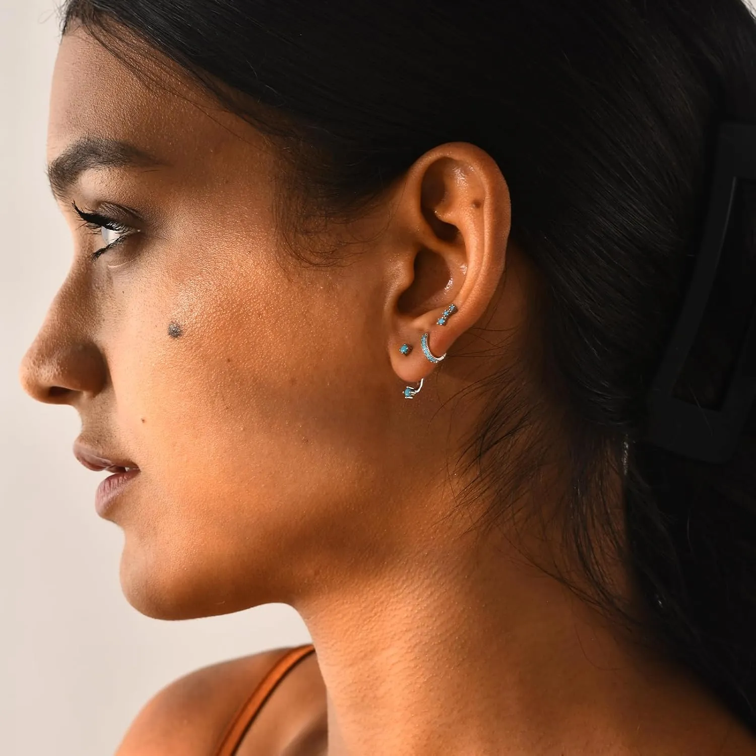 NOKMIT 3 Pairs Mini Hoop Earrings Set Turquoise Cubic Zirconia Huggie Hoop Cartilage Earring Ear Cuff for Women (Turquoise/CZ)