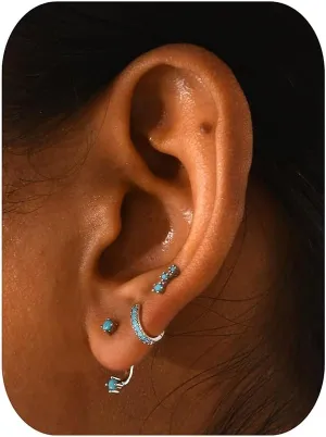 NOKMIT 3 Pairs Mini Hoop Earrings Set Turquoise Cubic Zirconia Huggie Hoop Cartilage Earring Ear Cuff for Women (Turquoise/CZ)