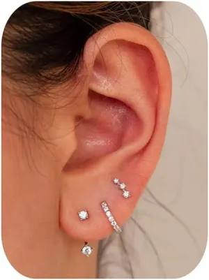 NOKMIT 3 Pairs Mini Hoop Earrings Set Turquoise Cubic Zirconia Huggie Hoop Cartilage Earring Ear Cuff for Women (Turquoise/CZ)