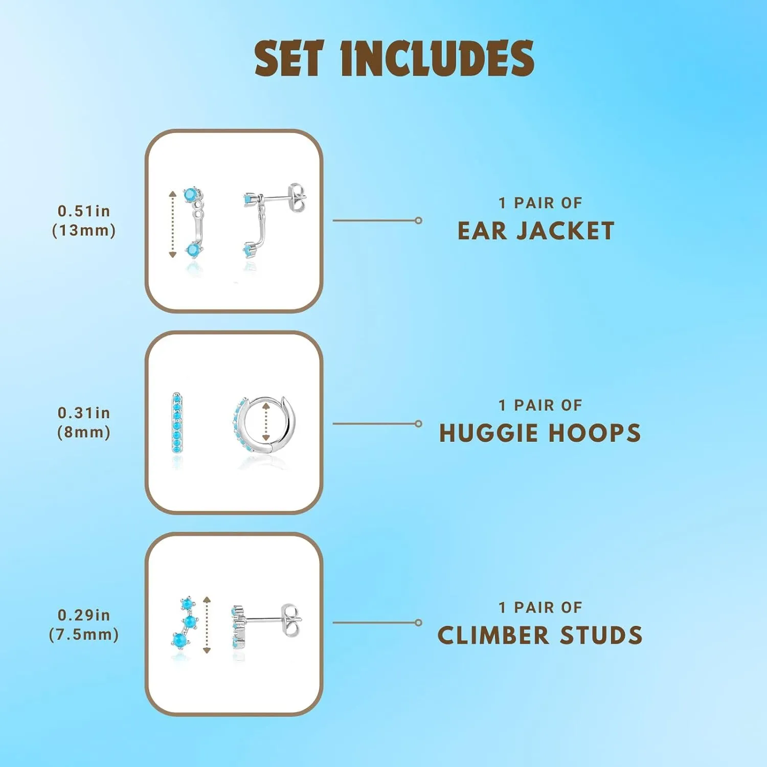 NOKMIT 3 Pairs Mini Hoop Earrings Set Turquoise Cubic Zirconia Huggie Hoop Cartilage Earring Ear Cuff for Women (Turquoise/CZ)