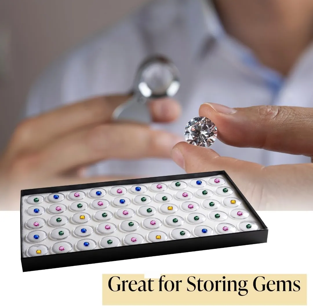 Novel Box Jewelry Tray with Lid 8.25x14.75x1   Small Size 50 Gems Jars | Glass Jewelry Box with Fitted Lid & White Tray Foam Liner | Glass Rock Storage Box | Display Boxes for Collectibles