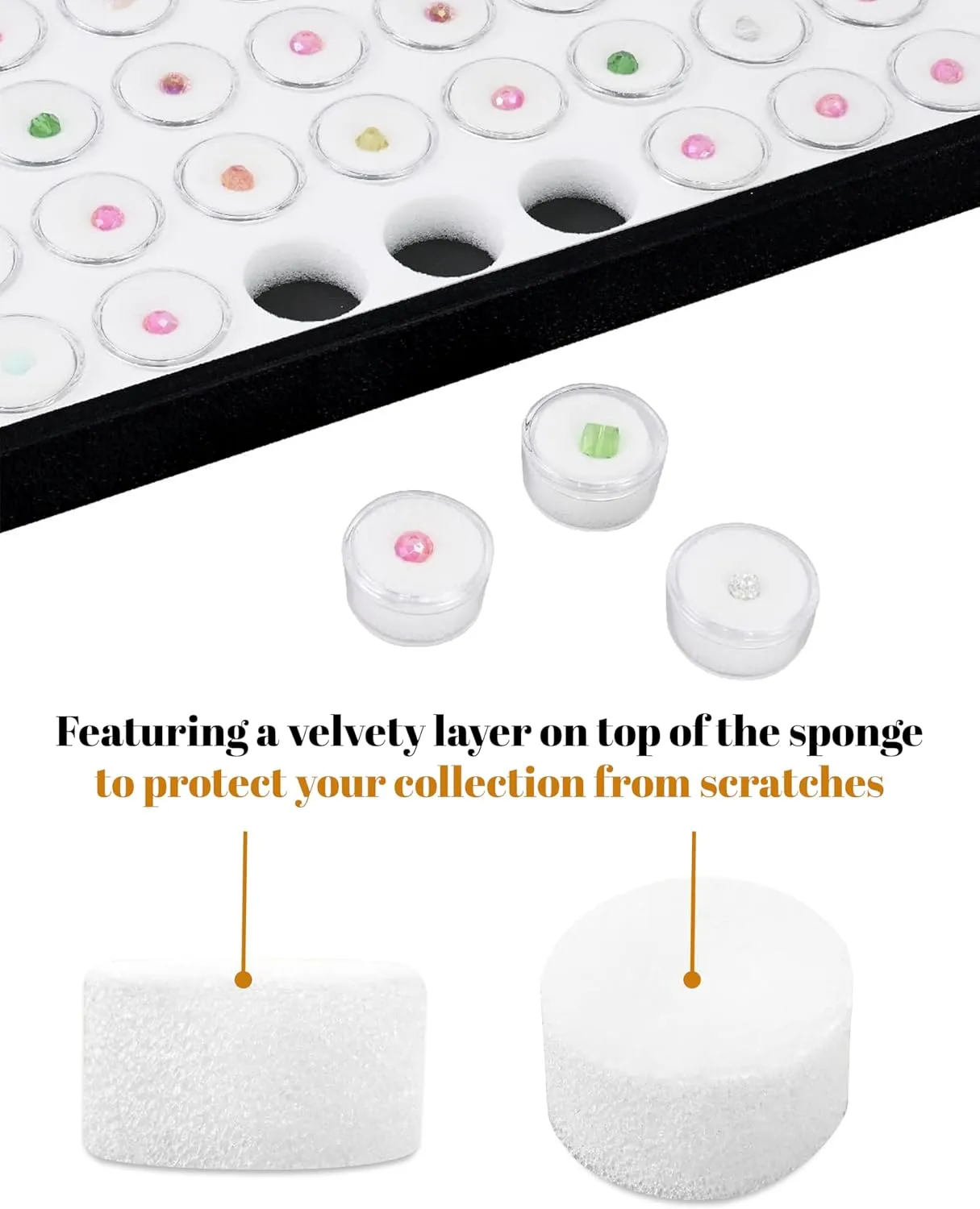 Novel Box Jewelry Tray with Lid 8.25x14.75x1   Small Size 50 Gems Jars | Glass Jewelry Box with Fitted Lid & White Tray Foam Liner | Glass Rock Storage Box | Display Boxes for Collectibles