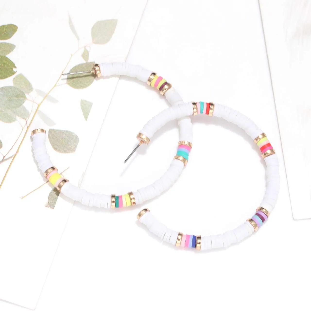NVENF Heishi Bead Hoop Earrings for Women Rainbow Vinyl Disc Beads Circle Earring Studs Handmade Bohemia Summer Beach Earring Vacation Party Gifts