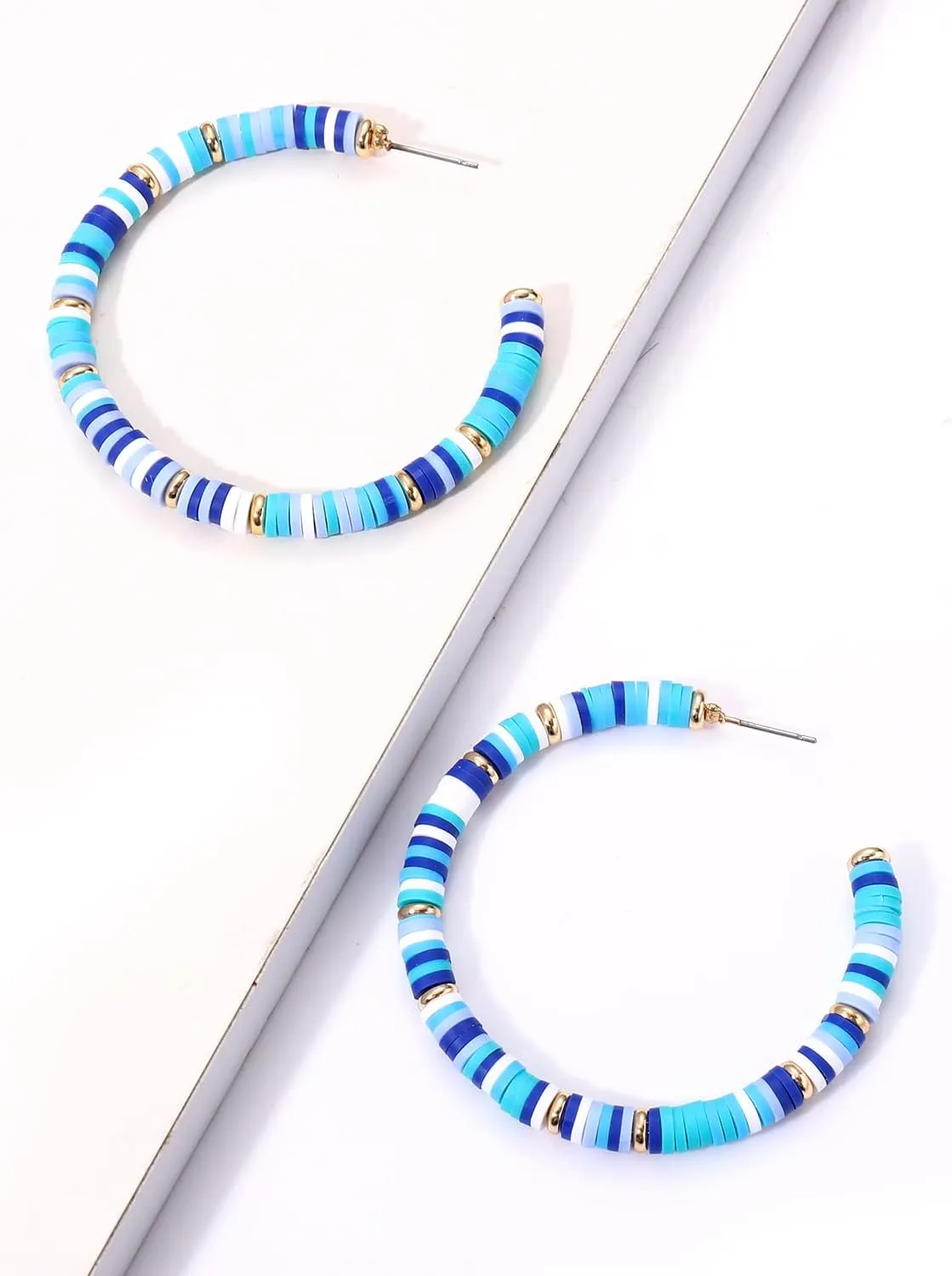 NVENF Heishi Bead Hoop Earrings for Women Rainbow Vinyl Disc Beads Circle Earring Studs Handmade Bohemia Summer Beach Earring Vacation Party Gifts