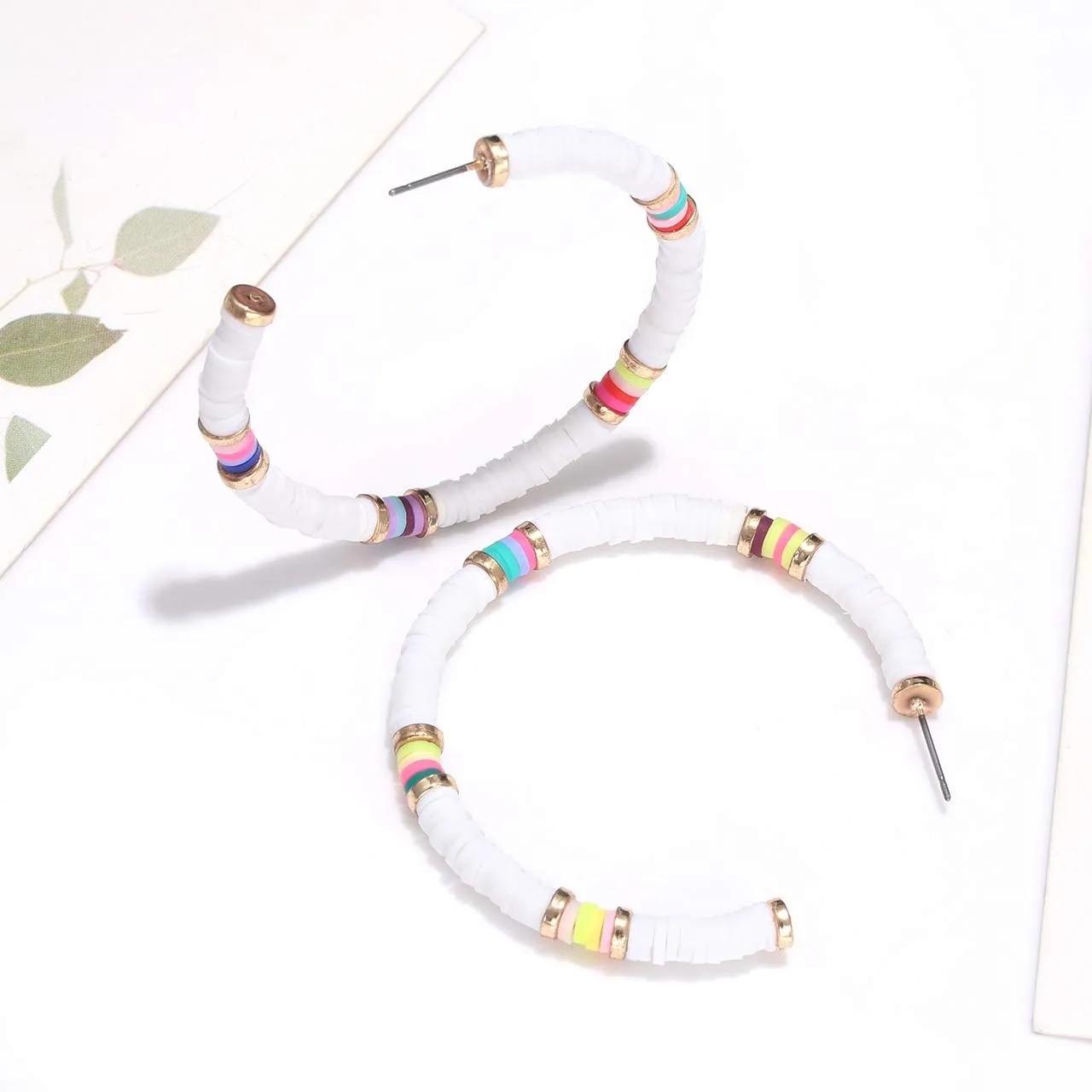 NVENF Heishi Bead Hoop Earrings for Women Rainbow Vinyl Disc Beads Circle Earring Studs Handmade Bohemia Summer Beach Earring Vacation Party Gifts