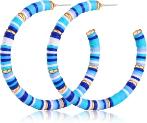 NVENF Heishi Bead Hoop Earrings for Women Rainbow Vinyl Disc Beads Circle Earring Studs Handmade Bohemia Summer Beach Earring Vacation Party Gifts