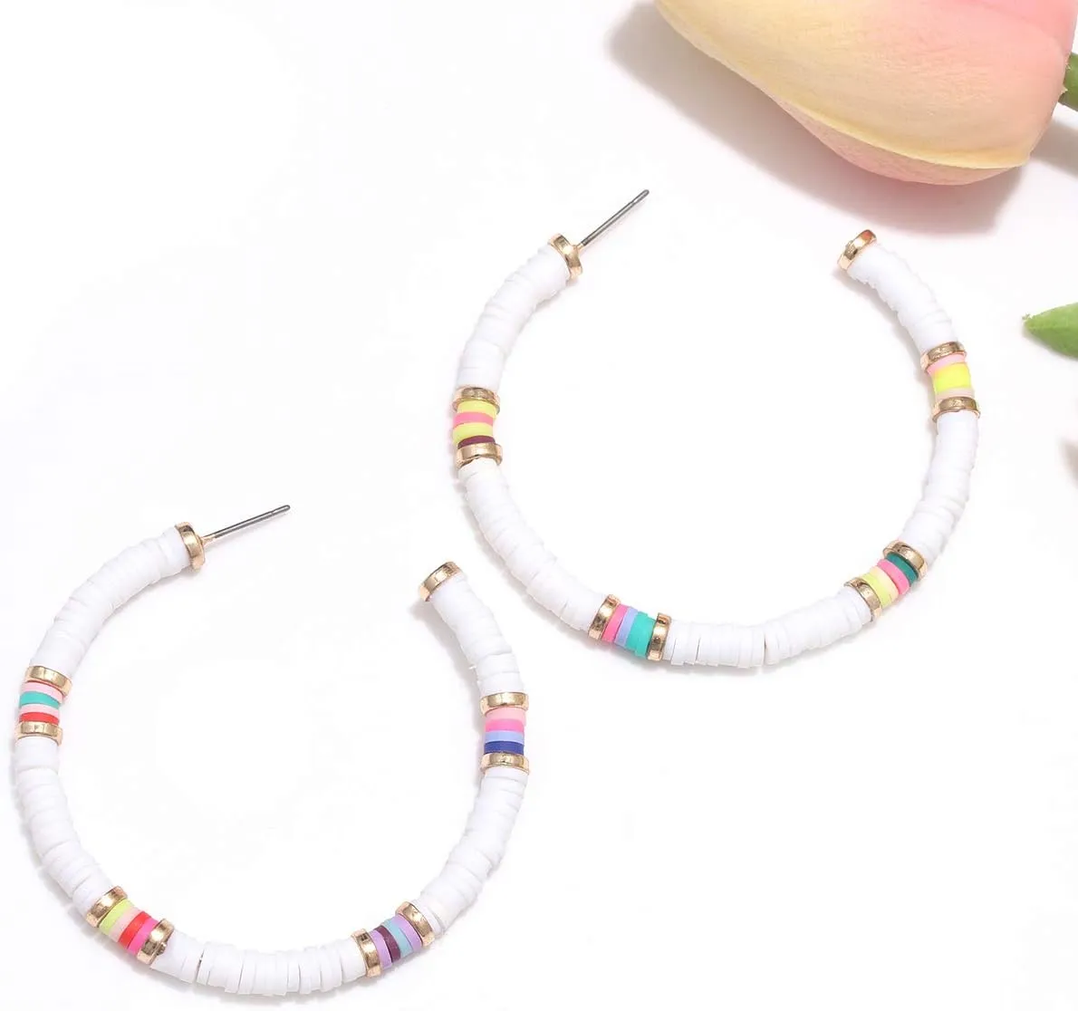 NVENF Heishi Bead Hoop Earrings for Women Rainbow Vinyl Disc Beads Circle Earring Studs Handmade Bohemia Summer Beach Earring Vacation Party Gifts